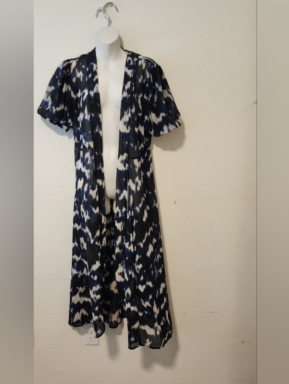Express Blue & Black Printed Sheer Maxi Cover-Up/Duster Dress S/M NWT